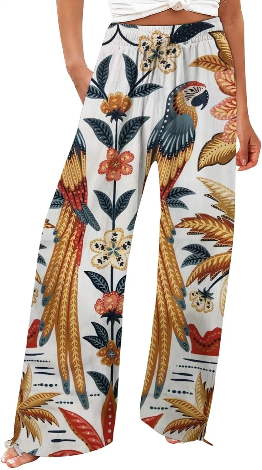 , Plus Size Pants, Women Boho Palazzo Pants High Waist Wide Leg Floral Pant Casual Business Trousers, Lightening The Deals, C-Red, Small