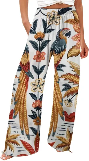 , Plus Size Pants, Women Boho Palazzo Pants High Waist Wide Leg Floral Pant Casual Business Trousers, Lightening The Deals, C-Red, Small
