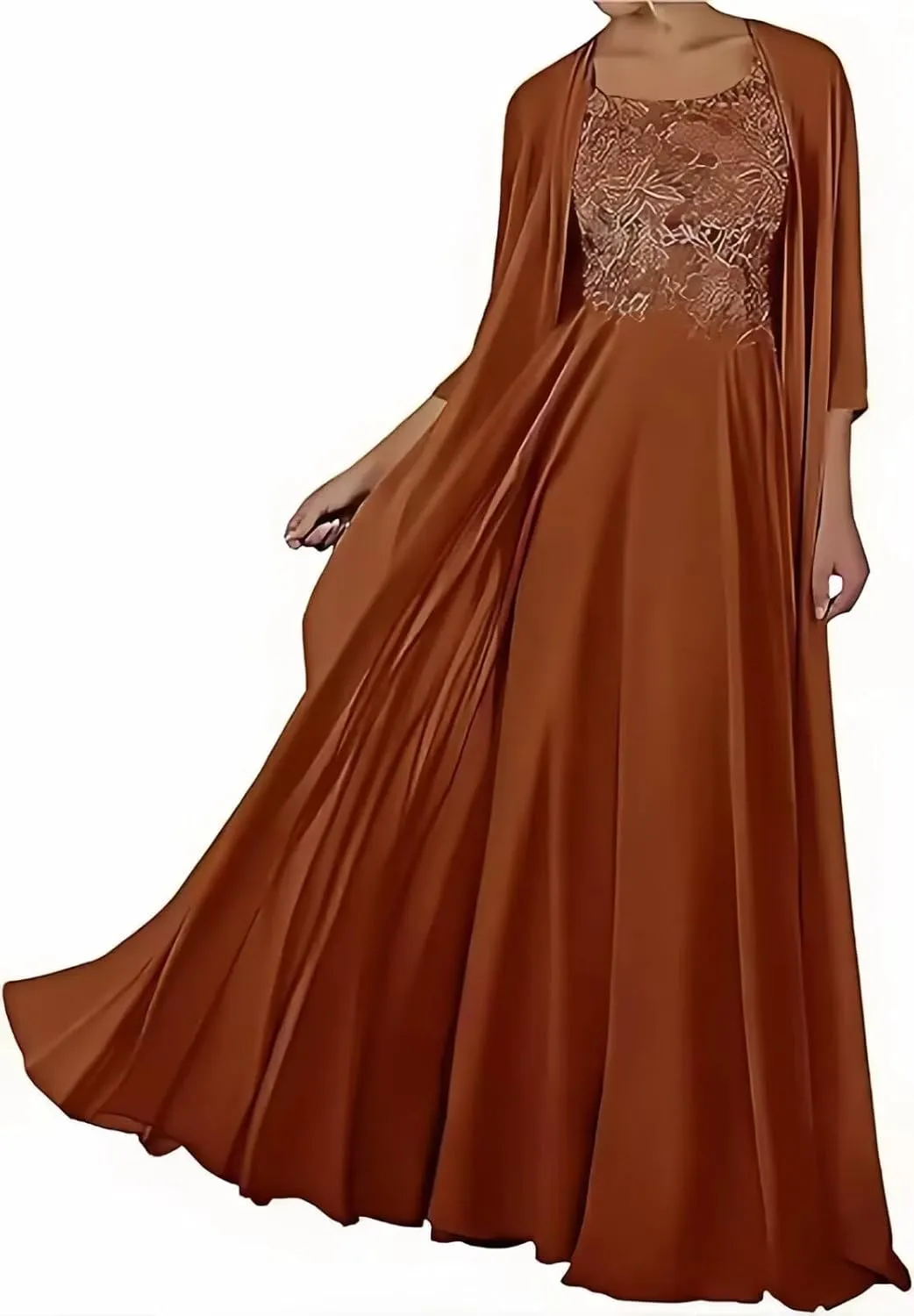 2 Piece Mother of The Bride Dresses with Jacket Long Chiffon Lace Mother of Groom Dresses for Wedding 3/4 Sleeve