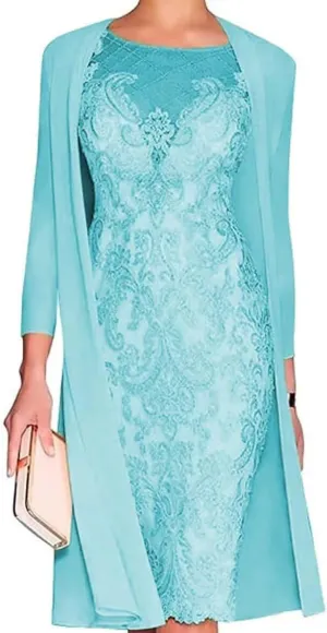 2 Pieces Mother of The Bride Dresses with Jacket Tea Length Laces Chiffon Formal Evening Gowns for Wedding Party Guest Jade