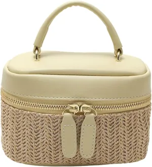 2025 Woven Straw Bucket Bag  Women's Handheld Crossbody Boho Purse Zippered Beach Tote Color-Block Design & Cosmetic Storage
