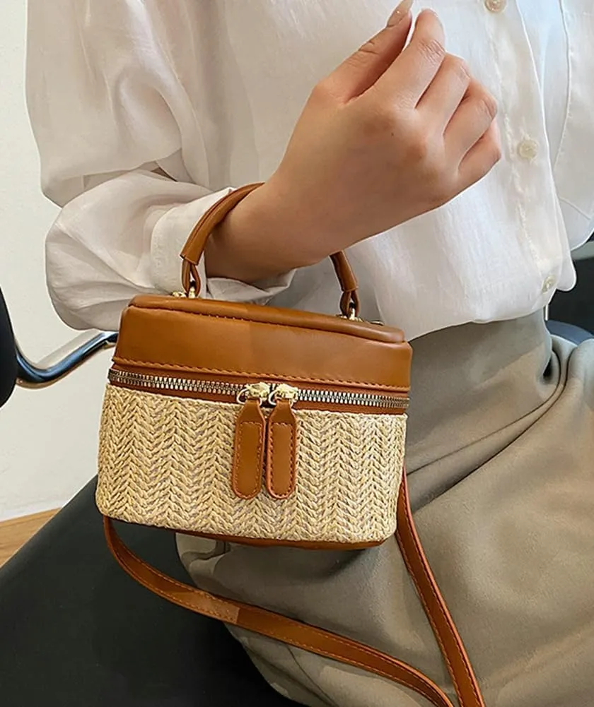 2025 Woven Straw Bucket Bag  Women's Handheld Crossbody Boho Purse Zippered Beach Tote Color-Block Design & Cosmetic Storage