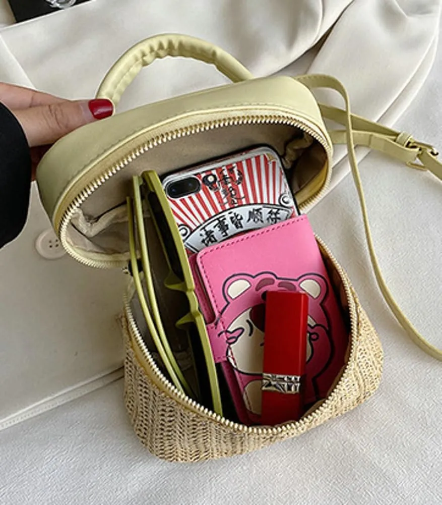 2025 Woven Straw Bucket Bag  Women's Handheld Crossbody Boho Purse Zippered Beach Tote Color-Block Design & Cosmetic Storage