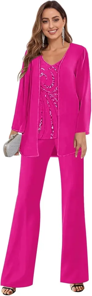 3 Piece Chiffon Mother of The Bride Pant Suits for Women Dressy Beaded Elegant Formal Wedding Pantsuits
