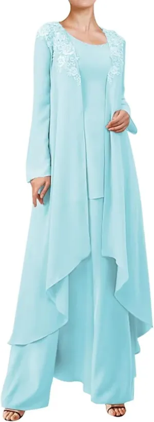 3 Pieces Mother of The Bride Dresses Pant Suits for Wedding Guest Groom Outfit Lace Chiffon Formal Gown Set with Jacket