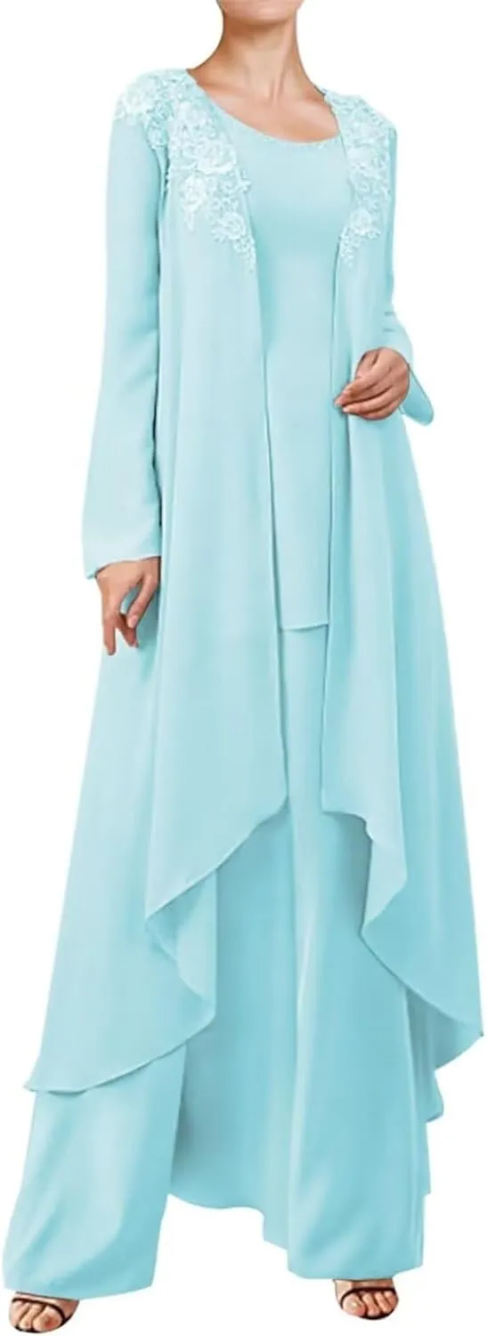 3 Pieces Mother of The Bride Dresses Pant Suits for Wedding Guest Groom Outfit Lace Chiffon Formal Gown Set with Jacket