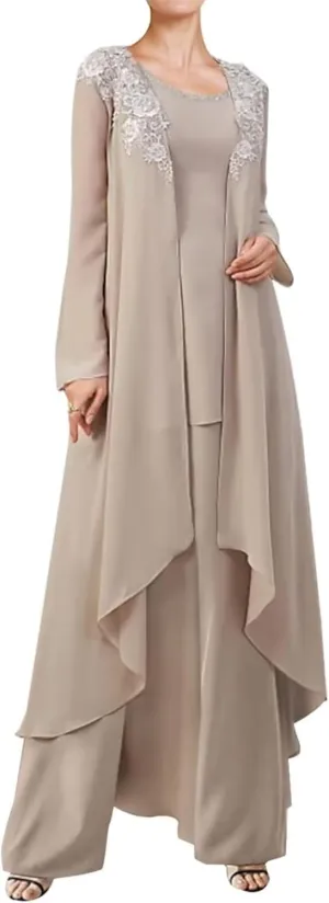 3 Pieces Mother of The Bride Dresses Pant Suits for Wedding Guest Groom Outfit Lace Chiffon Formal Gown Set with Jacket