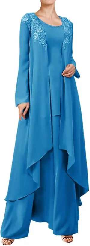 3 Pieces Mother of The Bride Dresses Pant Suits for Wedding Guest Groom Outfit Lace Chiffon Formal Gown Set with Jacket