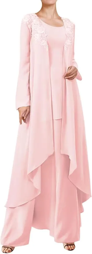 3 Pieces Mother of The Bride Dresses Pant Suits for Wedding Guest Groom Outfit Lace Chiffon Formal Gown Set with Jacket