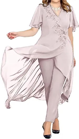 3 Pieces Mother of The Bride Pant Suits for Wedding Long Sleeves Chiffon Pantsuits Formal Evening Outfit with Jacket