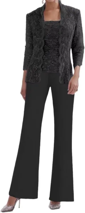 3 Pieces Mother of The Bride Pant Suits for Women Chiffon Laces Applique Formal Evening Gowns with Jacket