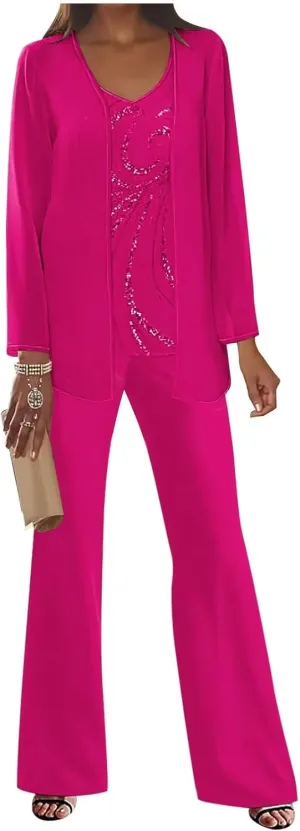 3Pcs Mother of The Bride Dress Pantsuit for Wedding Long Sleeve Lace Formal Outfit with Jacket