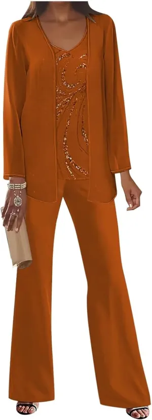3Pcs Mother of The Bride Dress Pantsuit for Wedding Long Sleeve Lace Formal Outfit with Jacket