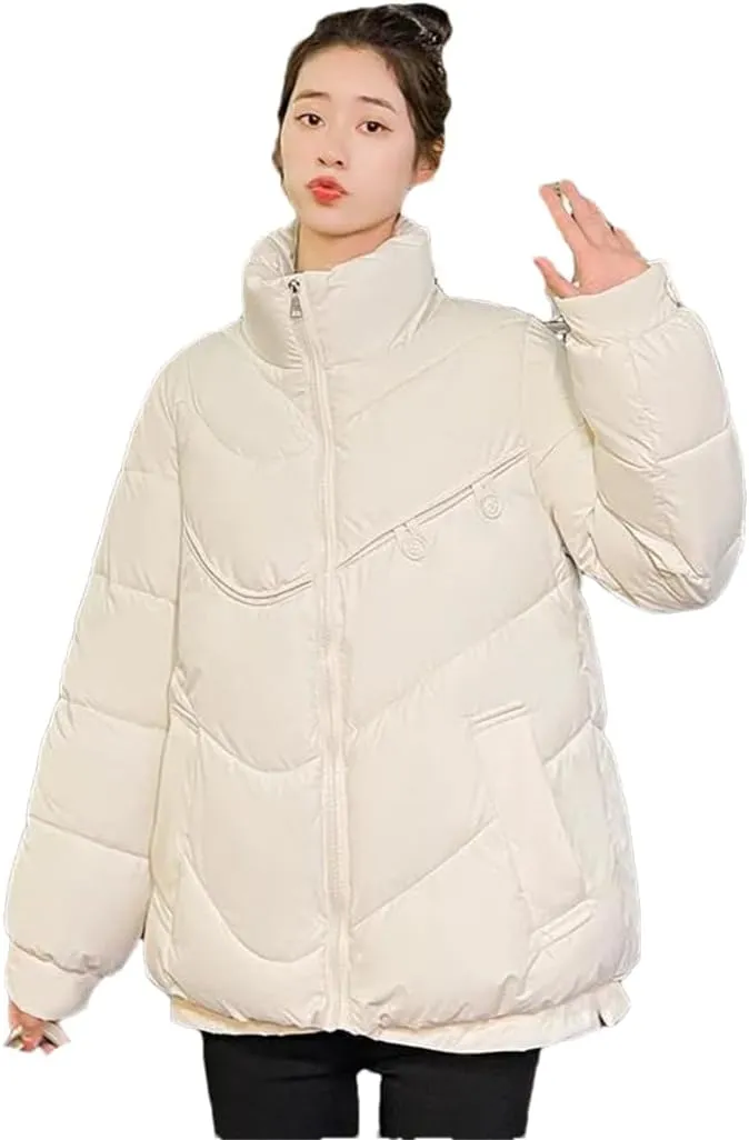 Adhdyuud Women Casual Loose Cotton-Padded Coat With Pocket Casual Turtleneck Warm Outwear Tops