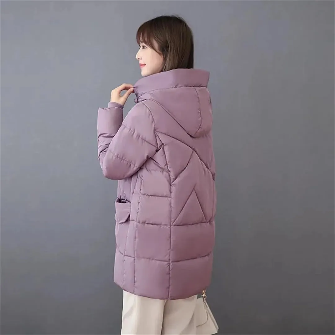 Adhdyuud Womens With Pocket Solid Hooded Cotton Padded Coat Vintage Zippers Winter Warm Outwear
