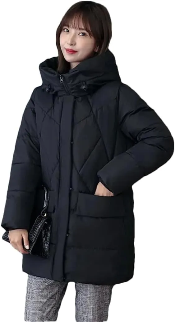 Adhdyuud Womens With Pocket Solid Hooded Cotton Padded Coat Vintage Zippers Winter Warm Outwear