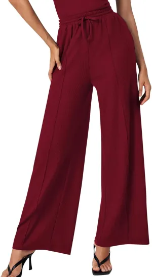 ALSOGO Womens Wide Leg Pants Casual Elastic High Waisted Pants Loose Straight Leg Pants Drawstring with Pockets
