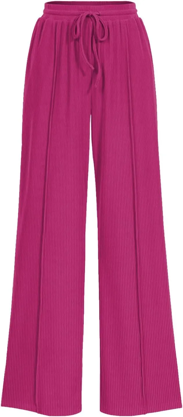 ALSOGO Womens Wide Leg Pants Casual Elastic High Waisted Pants Loose Straight Leg Pants Drawstring with Pockets