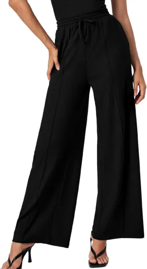 ALSOGO Womens Wide Leg Pants Casual Elastic High Waisted Pants Loose Straight Leg Pants Drawstring with Pockets