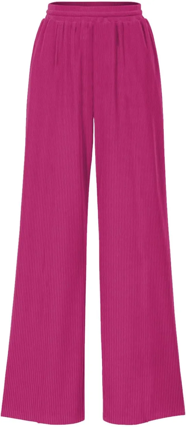 ALSOGO Womens Wide Leg Pants Casual Elastic High Waisted Pants Loose Straight Leg Pants Drawstring with Pockets