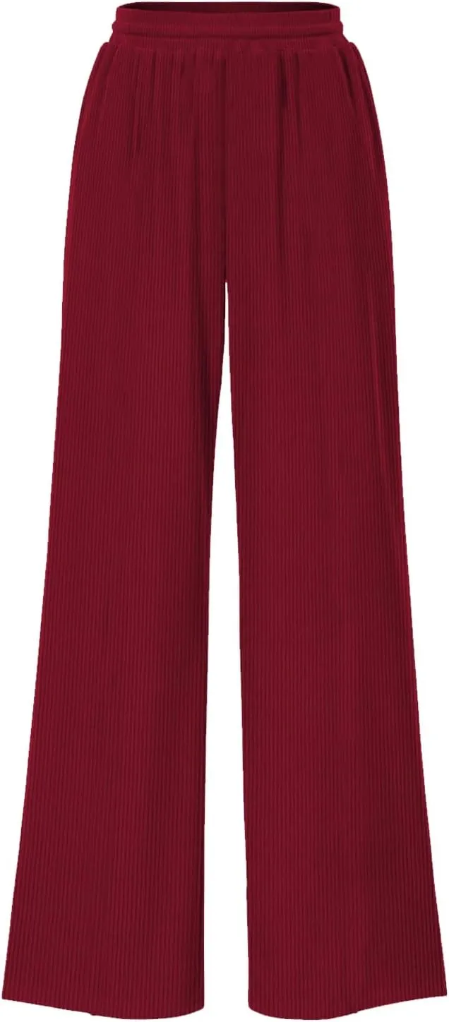ALSOGO Womens Wide Leg Pants Casual Elastic High Waisted Pants Loose Straight Leg Pants Drawstring with Pockets