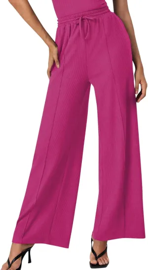 ALSOGO Womens Wide Leg Pants Casual Elastic High Waisted Pants Loose Straight Leg Pants Drawstring with Pockets