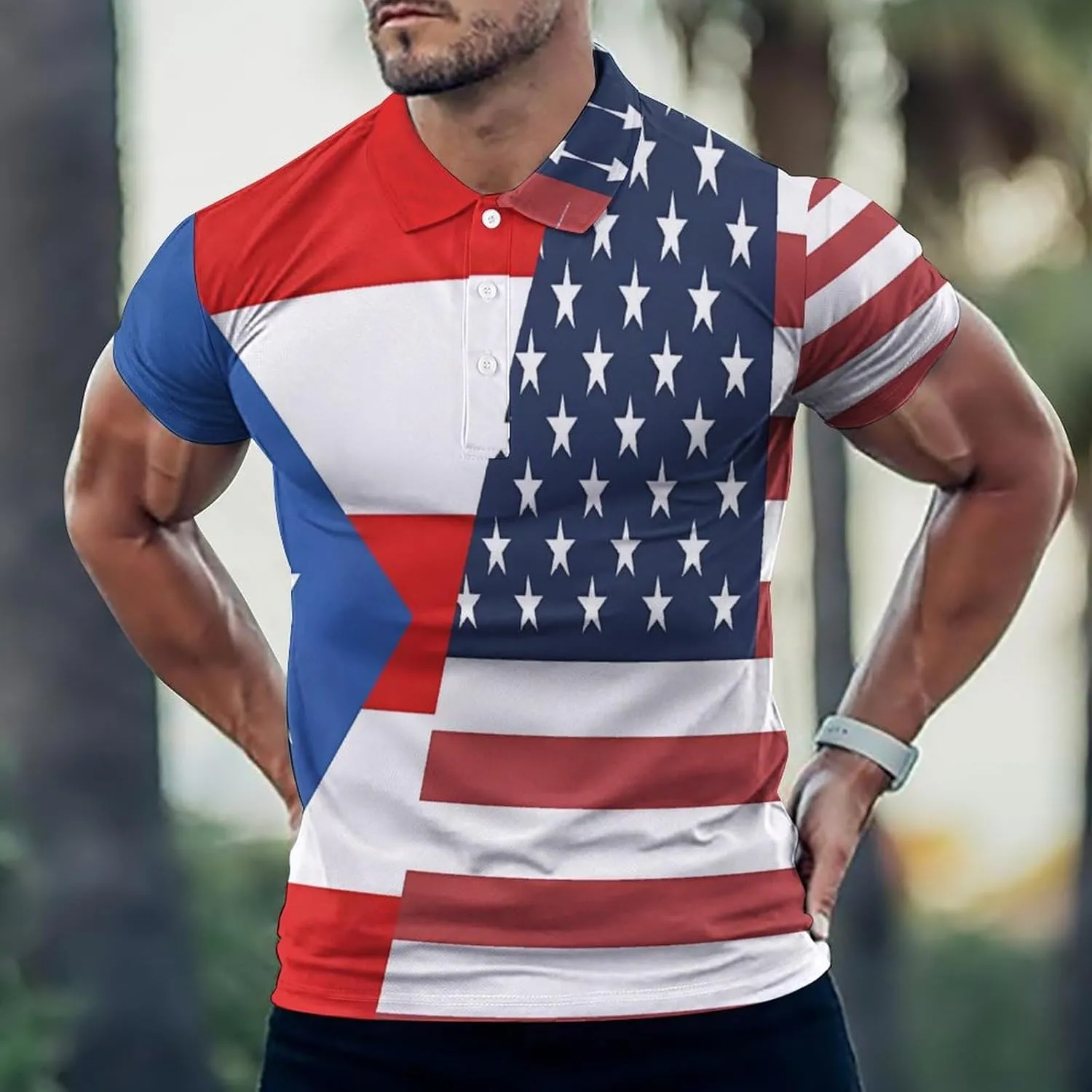 American P.R. State Flag Mens Polo Shirts Quick Dry Short Sleeve Golf Slim Fit T Shirt
