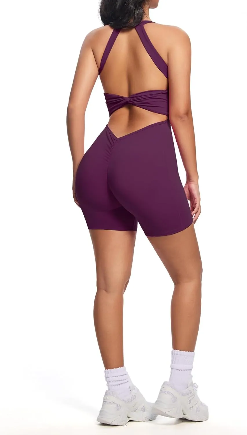 Aoxjox Twist Front and Back Workout Lola Romper for Women - High-Waist One Piece Scrunch Gym Yoga Sports Jumpsuit
