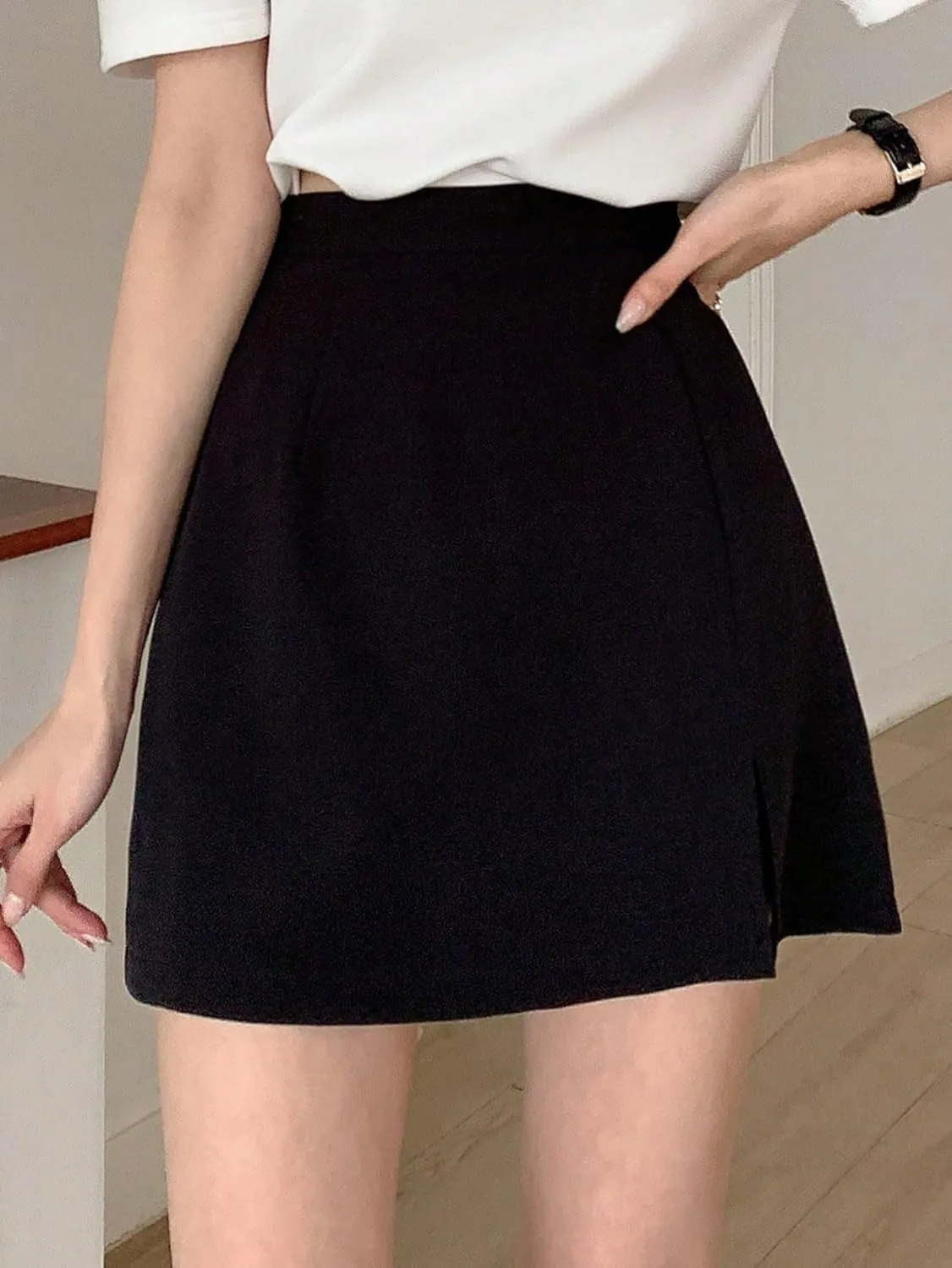 Athletic Casual Plain Mid Waist Zipper Solid Slit Hem Regular Fit Skort for Womens