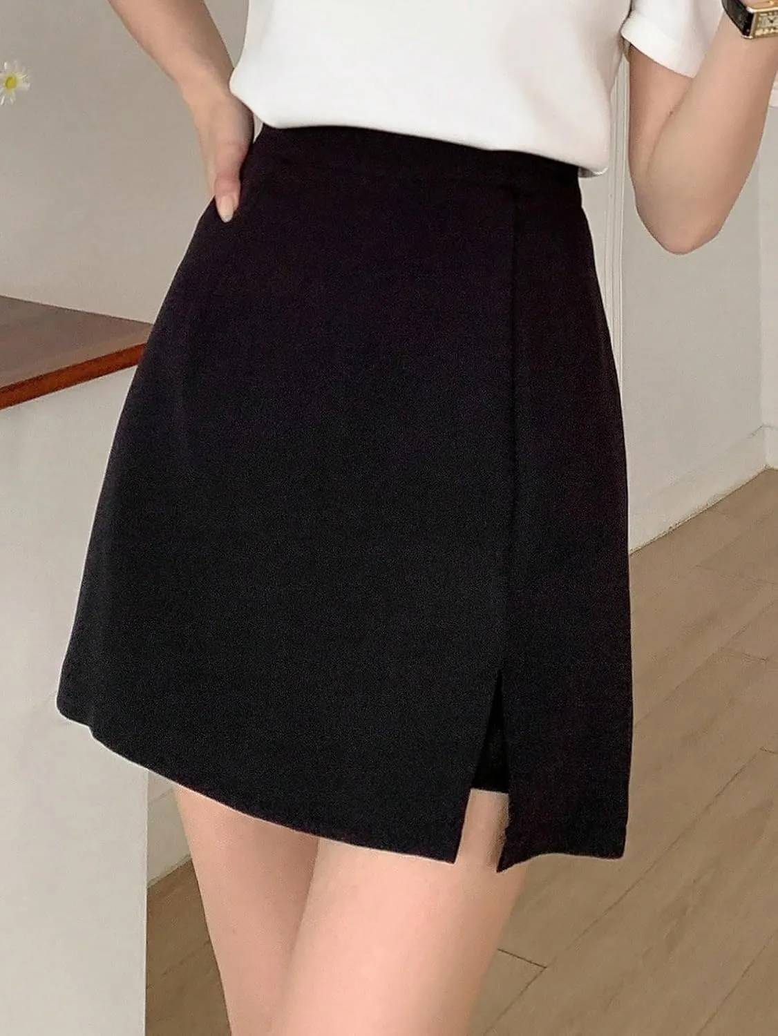Athletic Casual Plain Mid Waist Zipper Solid Slit Hem Regular Fit Skort for Womens