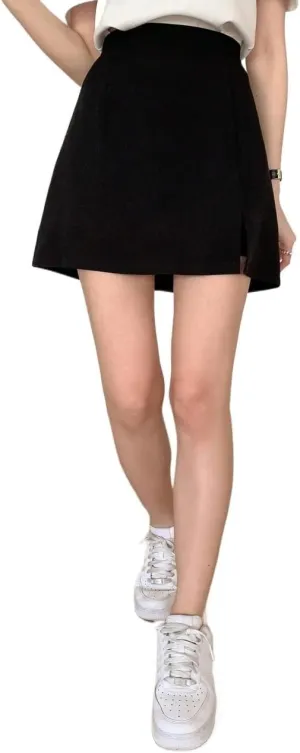 Athletic Casual Plain Mid Waist Zipper Solid Slit Hem Regular Fit Skort for Womens