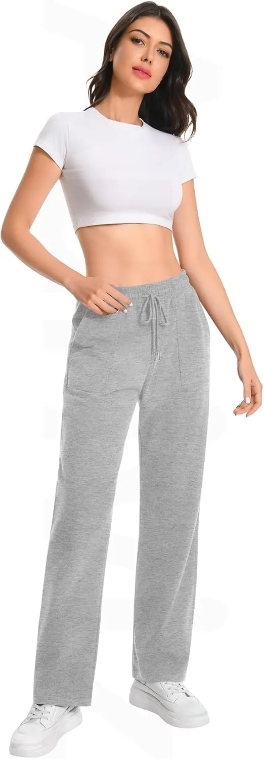 Auriviz Widen Waistband Sweat Pants for Women Exposed Pockets Lounge Sweatpants Straight Leg Pants 29 Inseam