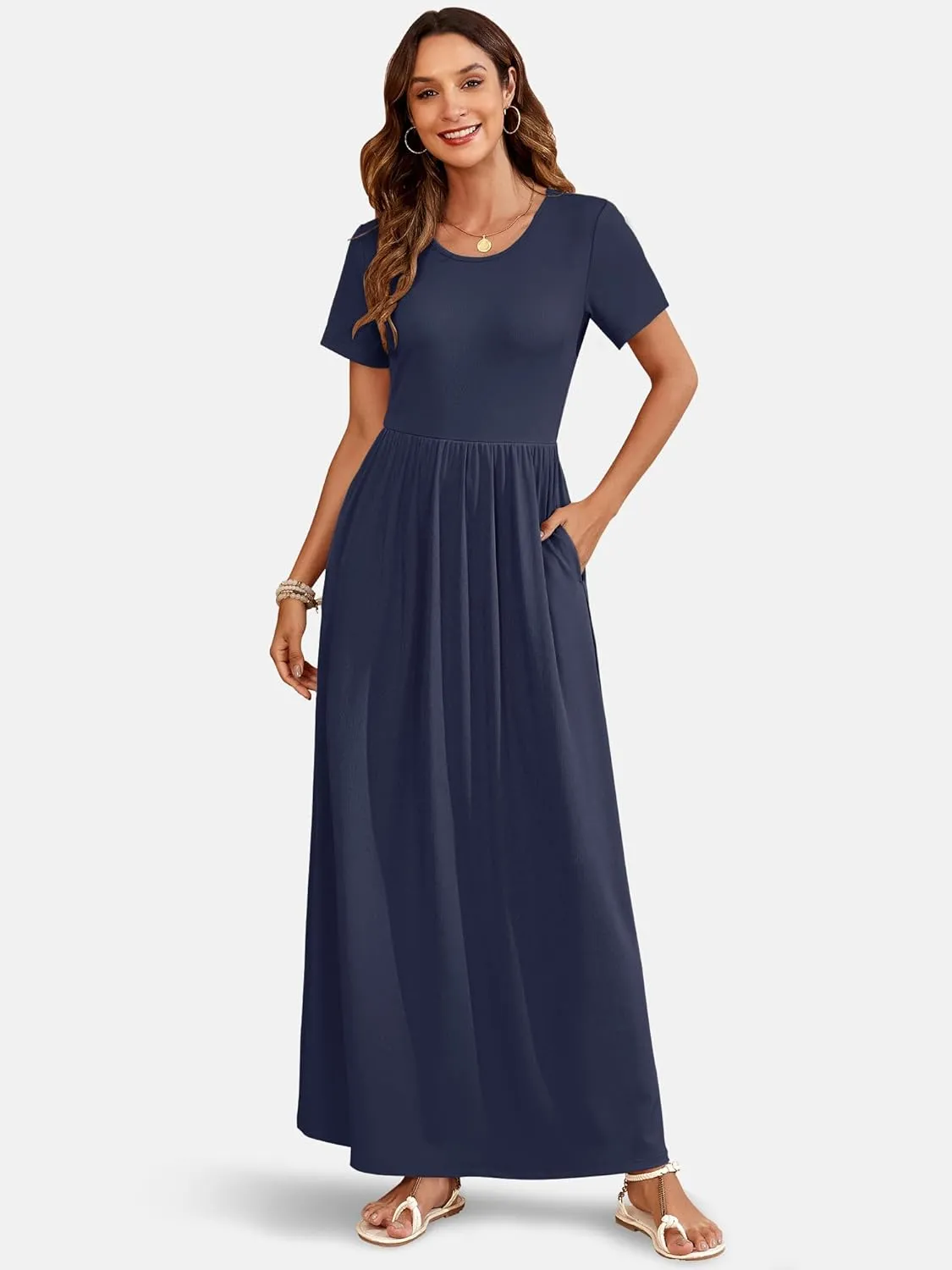 AUSELILY Womens Maxi Dress Casual Short Sleeve Summer Dresses Crewneck Sundresses with Pockets