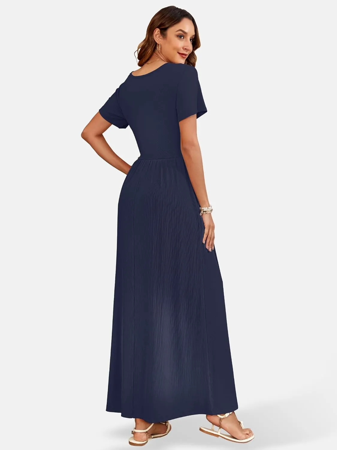 AUSELILY Womens Maxi Dress Casual Short Sleeve Summer Dresses Crewneck Sundresses with Pockets