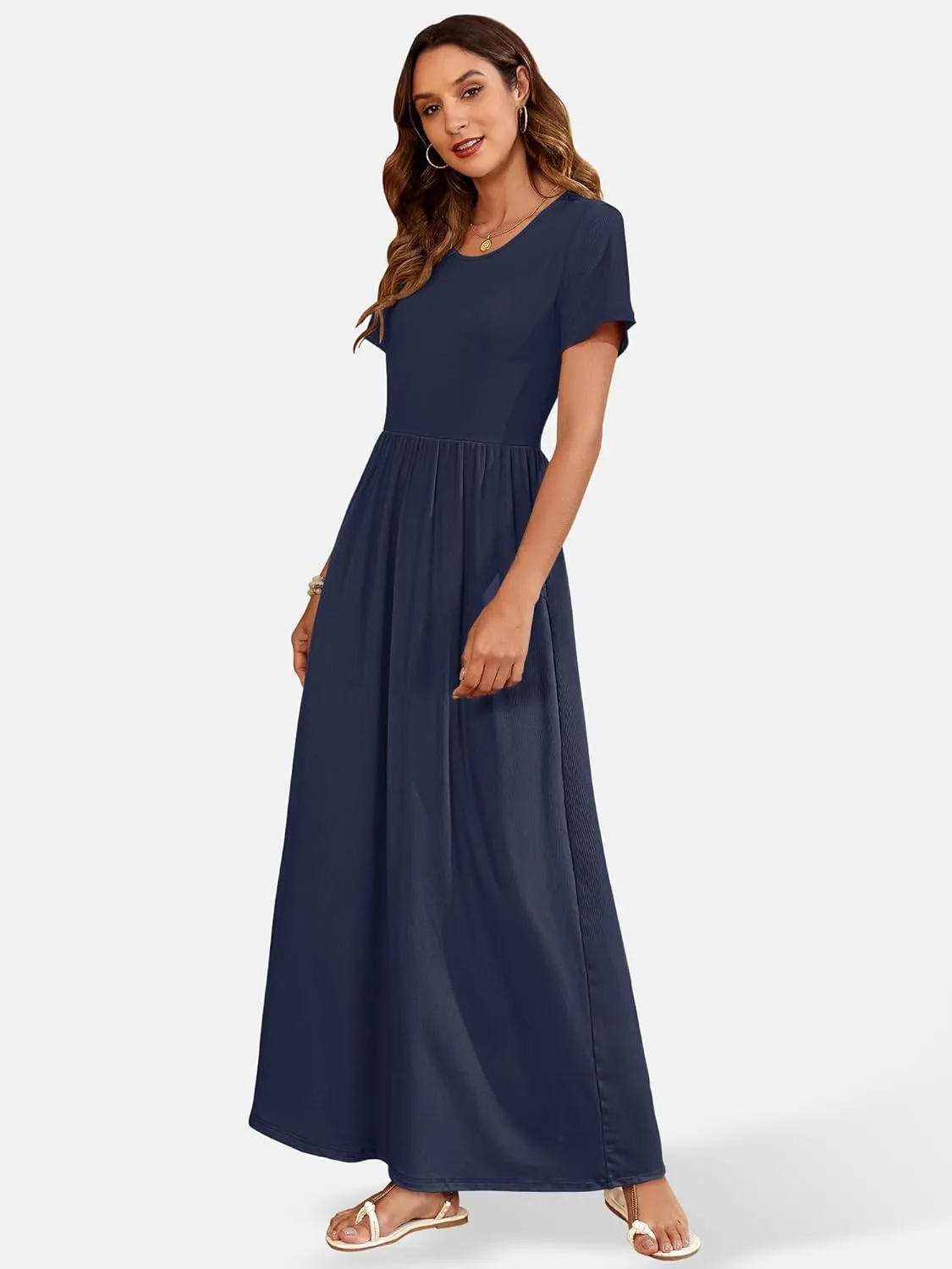 AUSELILY Womens Maxi Dress Casual Short Sleeve Summer Dresses Crewneck Sundresses with Pockets