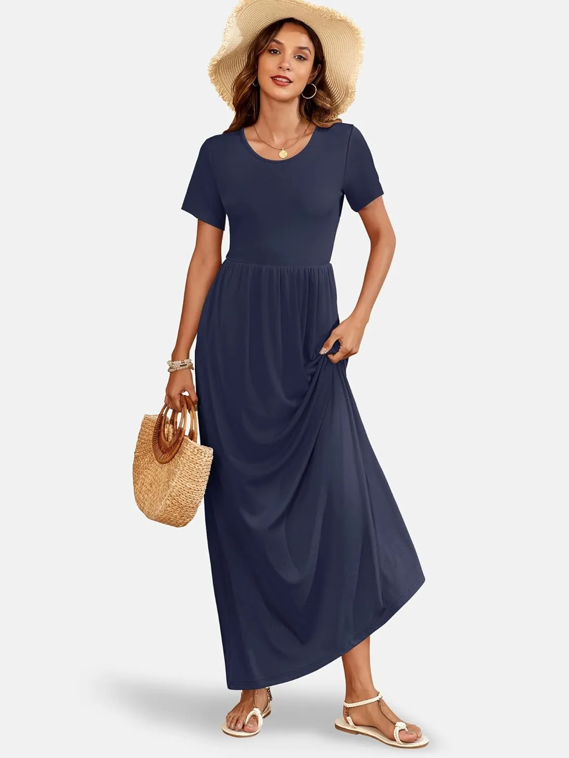 AUSELILY Womens Maxi Dress Casual Short Sleeve Summer Dresses Crewneck Sundresses with Pockets