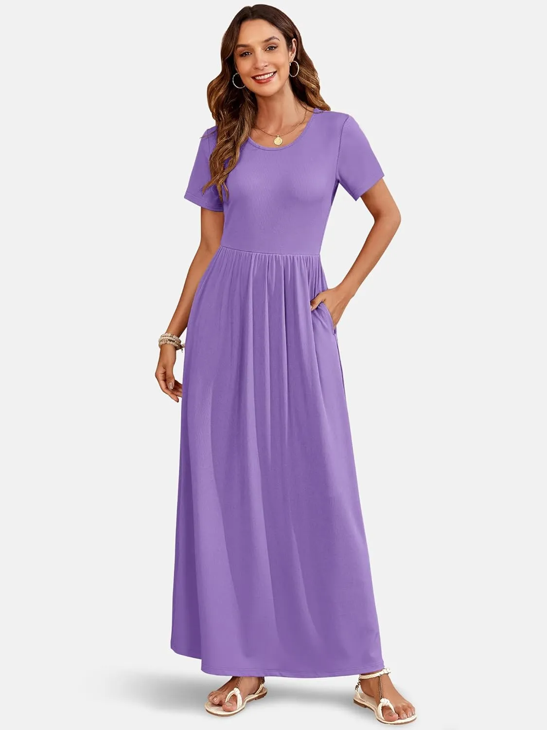 AUSELILY Womens Maxi Dress Casual Short Sleeve Summer Dresses Crewneck Sundresses with Pockets