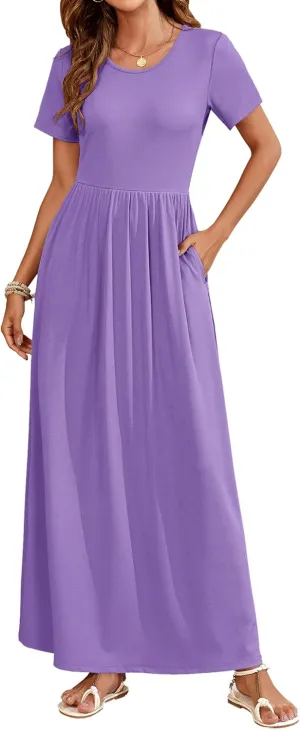 AUSELILY Womens Maxi Dress Casual Short Sleeve Summer Dresses Crewneck Sundresses with Pockets
