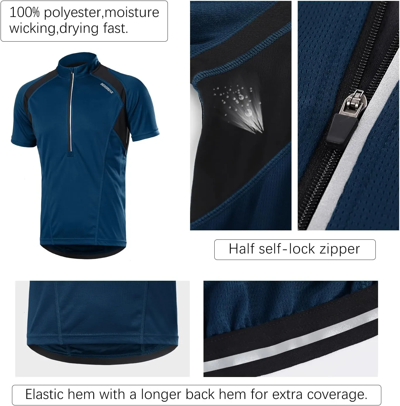 BERGRISAR Men's Half Zipper Cycling Jersey Short Sleeves Bike Bicycle Shirts with Zipper Pocket Quick-Dry Breathable BG060