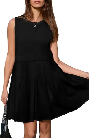 BerryGo Womens Summer Sweatshirt Dresses Sleeveless Casual Patchwork Flowy Pleated A Line Swing Mini Beach Dress 2024