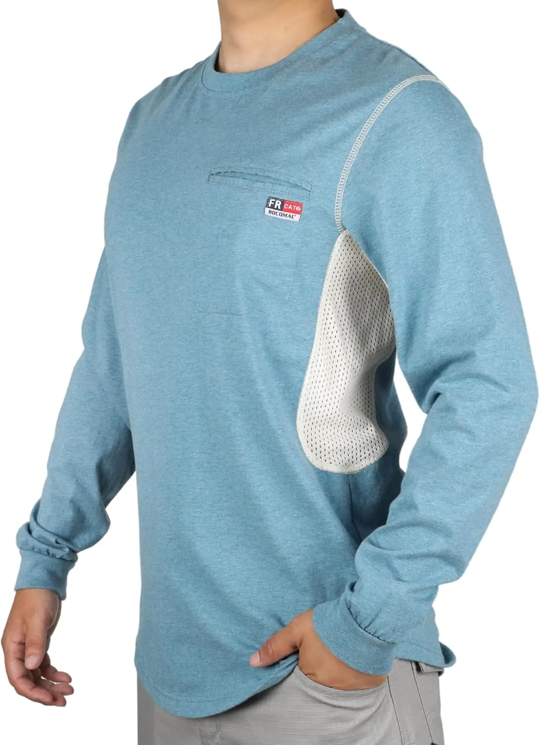 BOCOMAL FR Shirts for Summer Breathable Vented Design 6oz Heather Jersey Flame Resistant Long Sleeve Crew T Shirt