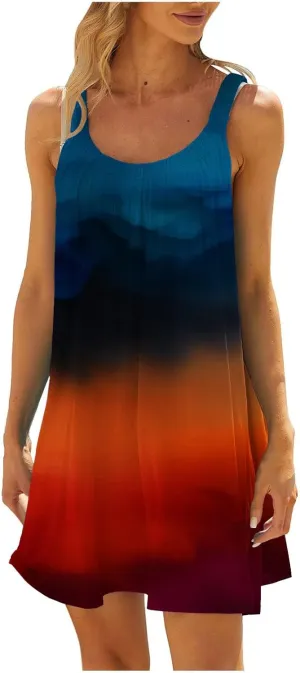 Boho Dresses for Women 2024 Printed Crewneck Sleeveless Sexy Mini Dress Beach Vacation Sundress Flowy Swing Cover Ups