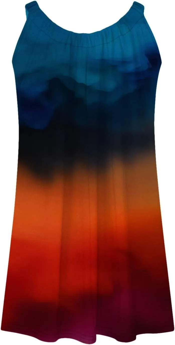 Boho Dresses for Women 2024 Printed Crewneck Sleeveless Sexy Mini Dress Beach Vacation Sundress Flowy Swing Cover Ups