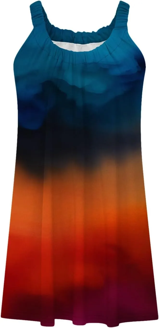 Boho Dresses for Women 2024 Printed Crewneck Sleeveless Sexy Mini Dress Beach Vacation Sundress Flowy Swing Cover Ups