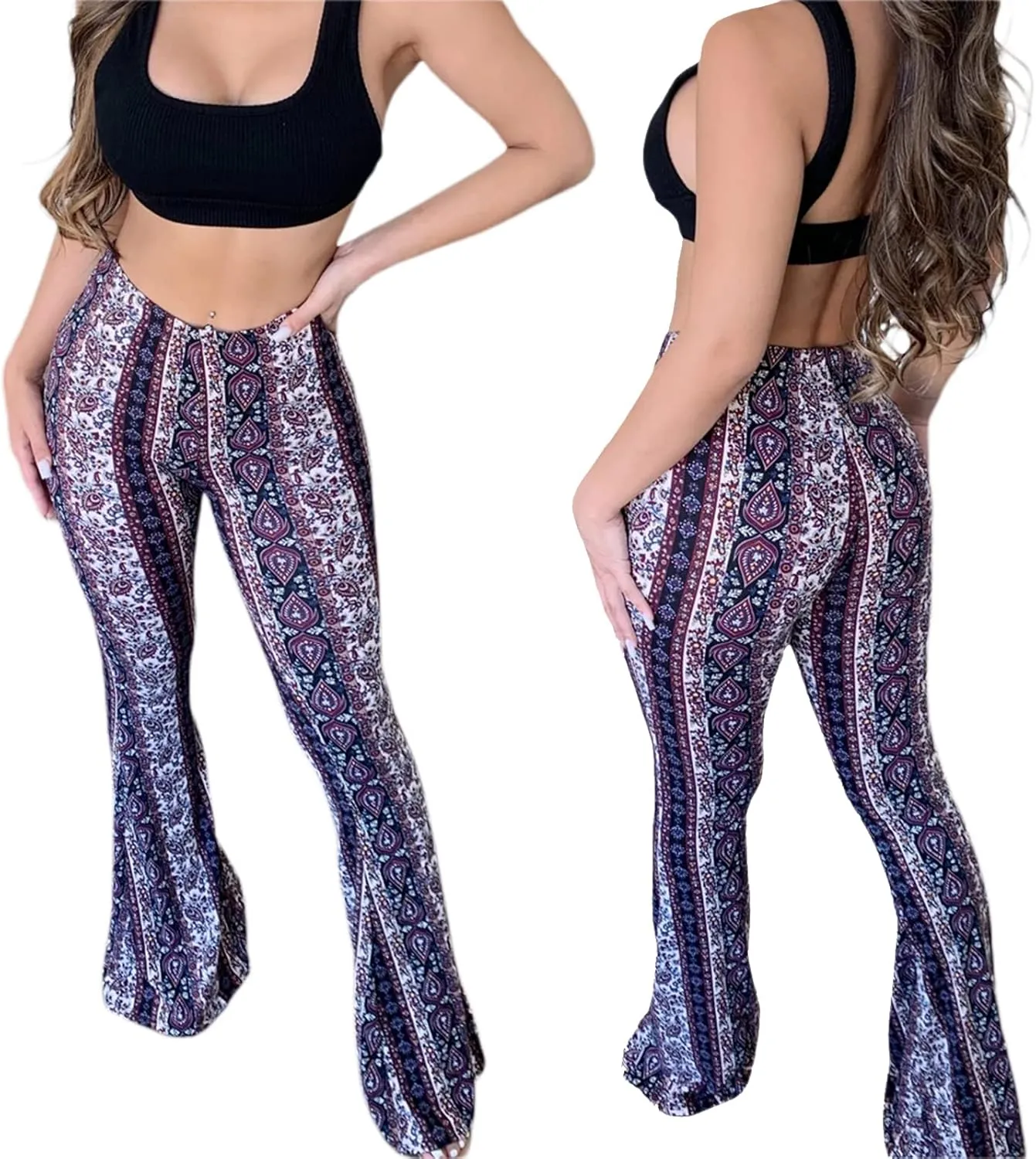 Boho Print Flare Pants for Women High Waist Stretch Comfy Bell Bottom Trousers 70s Hippie Pants Floral Yoga Leggings