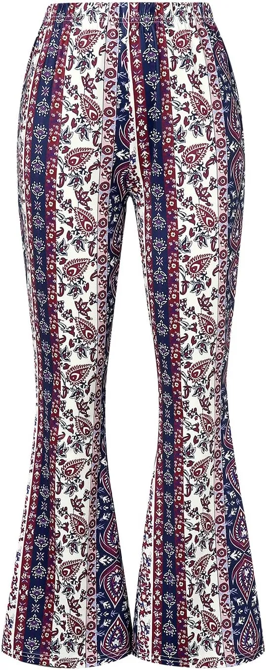 Boho Print Flare Pants for Women High Waist Stretch Comfy Bell Bottom Trousers 70s Hippie Pants Floral Yoga Leggings