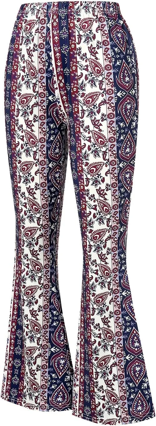 Boho Print Flare Pants for Women High Waist Stretch Comfy Bell Bottom Trousers 70s Hippie Pants Floral Yoga Leggings