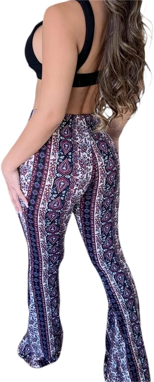 Boho Print Flare Pants for Women High Waist Stretch Comfy Bell Bottom Trousers 70s Hippie Pants Floral Yoga Leggings