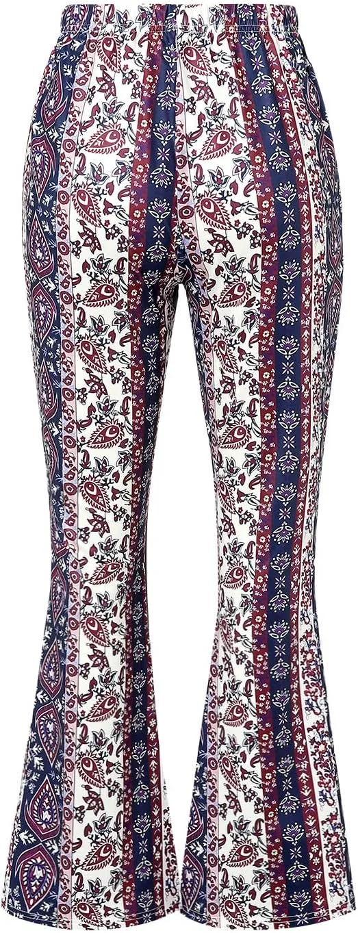 Boho Print Flare Pants for Women High Waist Stretch Comfy Bell Bottom Trousers 70s Hippie Pants Floral Yoga Leggings