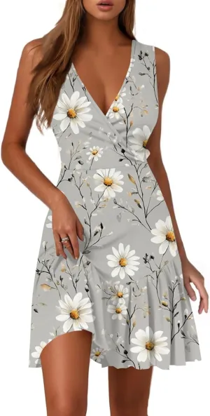 Boho V Neck Dresses for Women 2025 Summer A Line Floral Dress Short Wrap Sleeveless Party Cocktail Midi Sundress